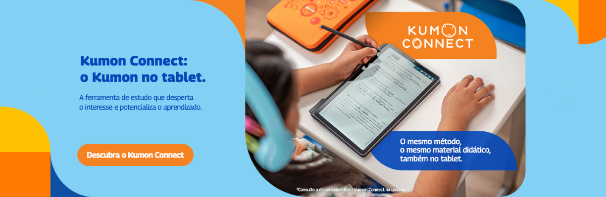 Kumon Connect: estudante utilizando tablet com material do método Kumon digital, mostrando a nova forma de estudo que desperta o interesse pelo aprendizado