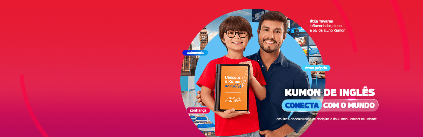 Estudante utilizando tablet no Kumon Connect promovendo o curso de inglês Kumon com aprendizado no próprio ritmo