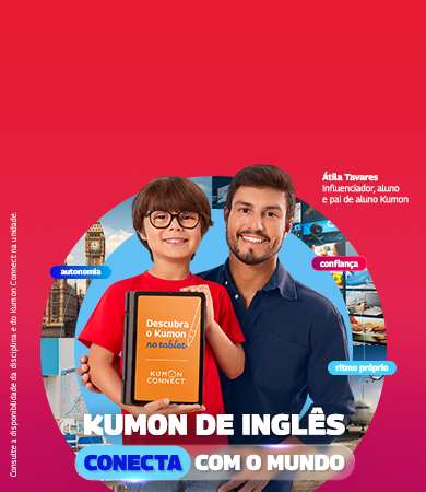 Curso de inglês Kumon com Kumon Connect e aprendizado digital com estudante utilizando tablet