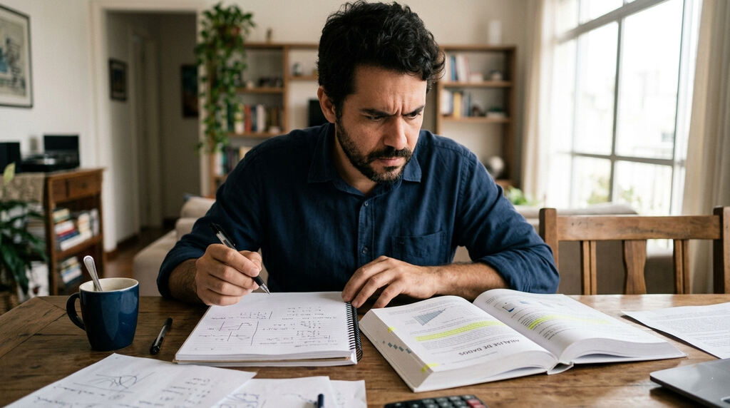 Homem confuso, aprendendo a diferença entre complemento nominal e objeto indireto.