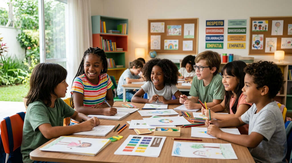 Crianças em sala de aula, aprendendo o que significa ESG.