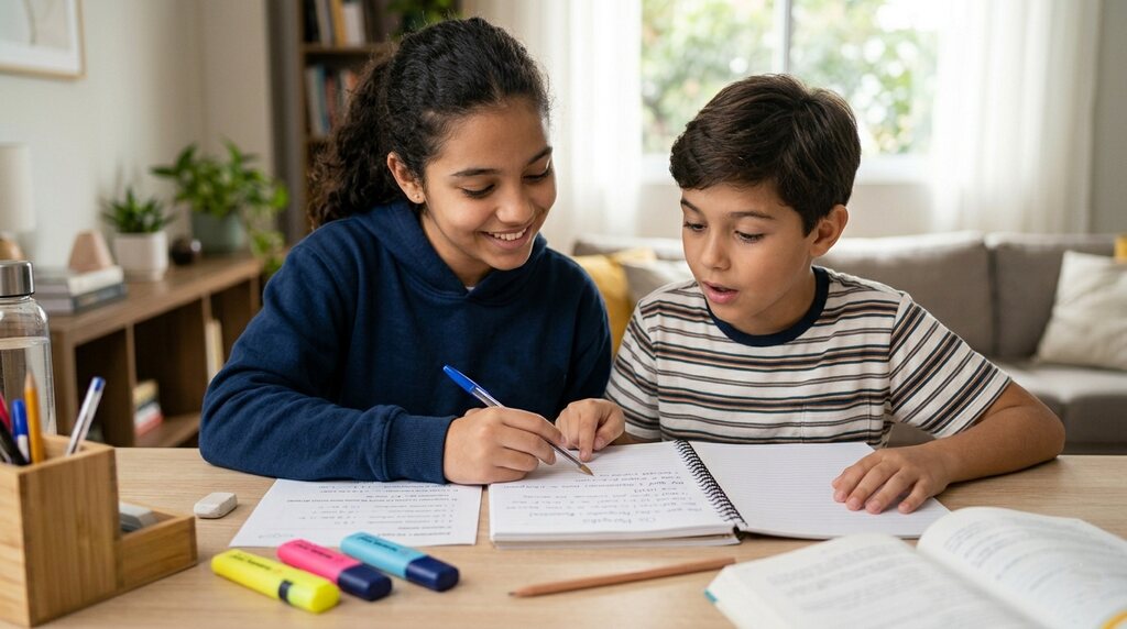 Duas crianças estudando quando usar por que.