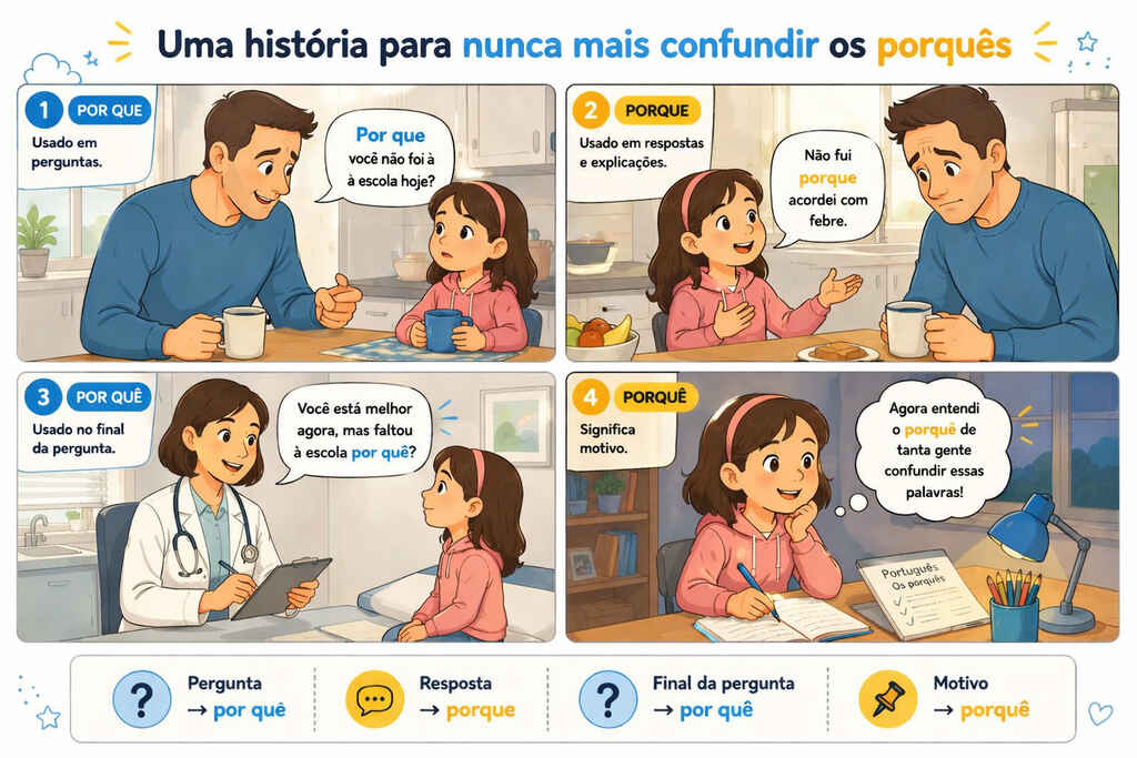 Quadrinhos explicando diferença entre os porquês.