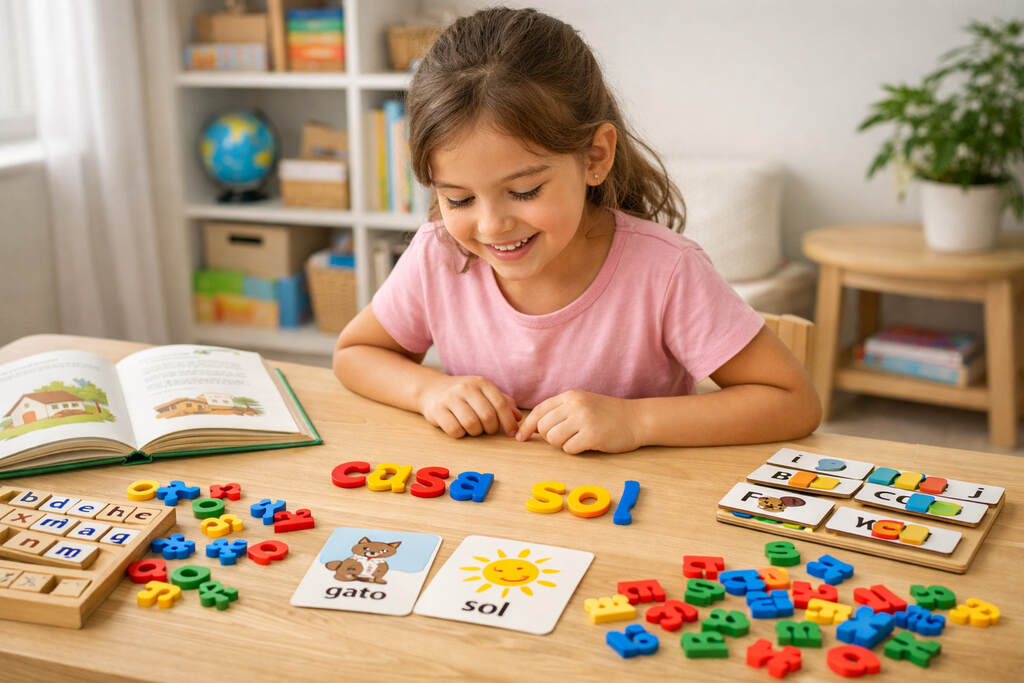 Menina sorridente montando palavras com brinquedos educativos.