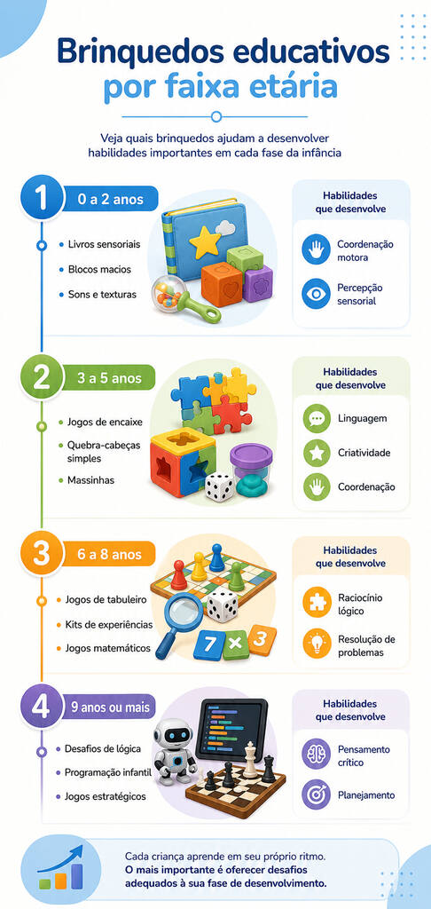 Infográfico mostrando brinquedos educativos por faixa etária.