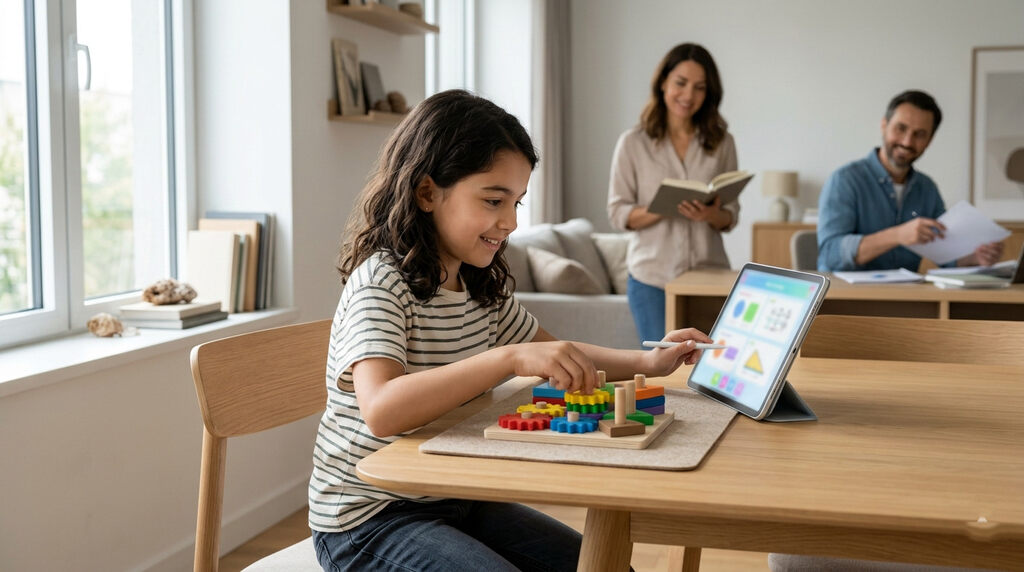 Casal vendo filha utilizar brinquedos educativos para aprender.
