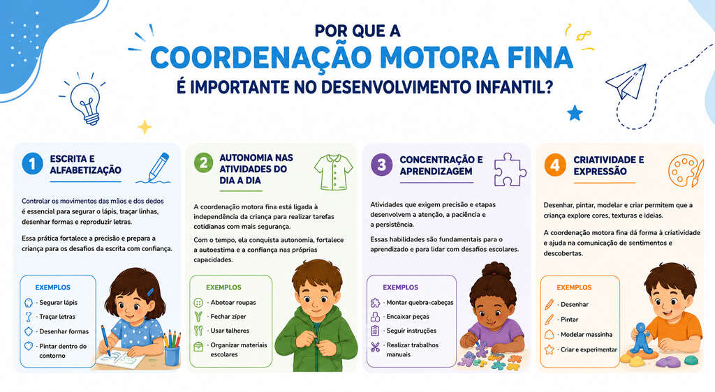 Infográfico mostrando por que a coordenação motora fina é importante no desenvolvimento infantil
