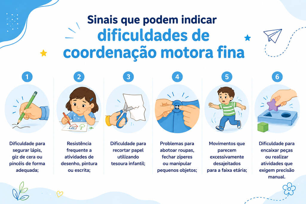 Infográfico mostrando sinais que podem indicar dificuldades de coordenação motora fina