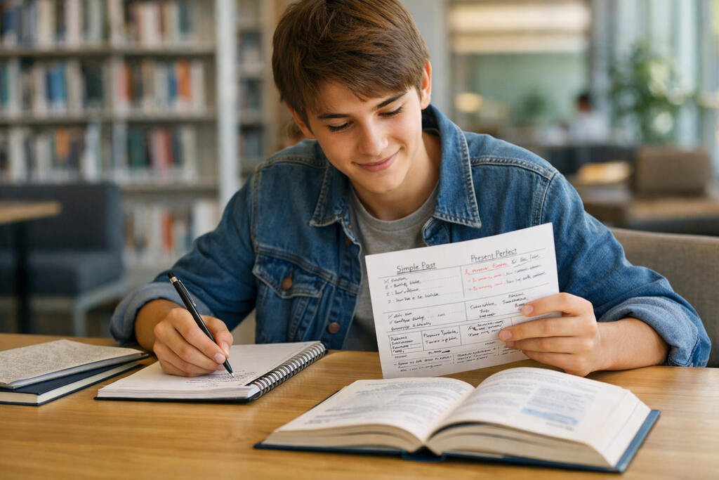 Adolescente estudando tempos verbais em inglês