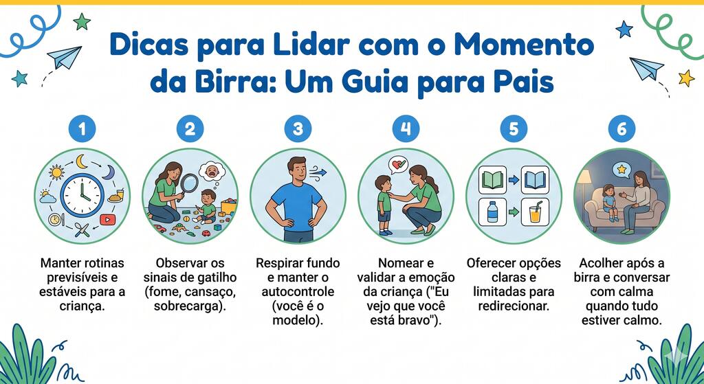 Infográfico com 6 dicas para pais sobre como lidar com a birra infantil: manter rotinas, observar gatilhos, respirar fundo, nomear a emoção, oferecer opções e acolher a criança.