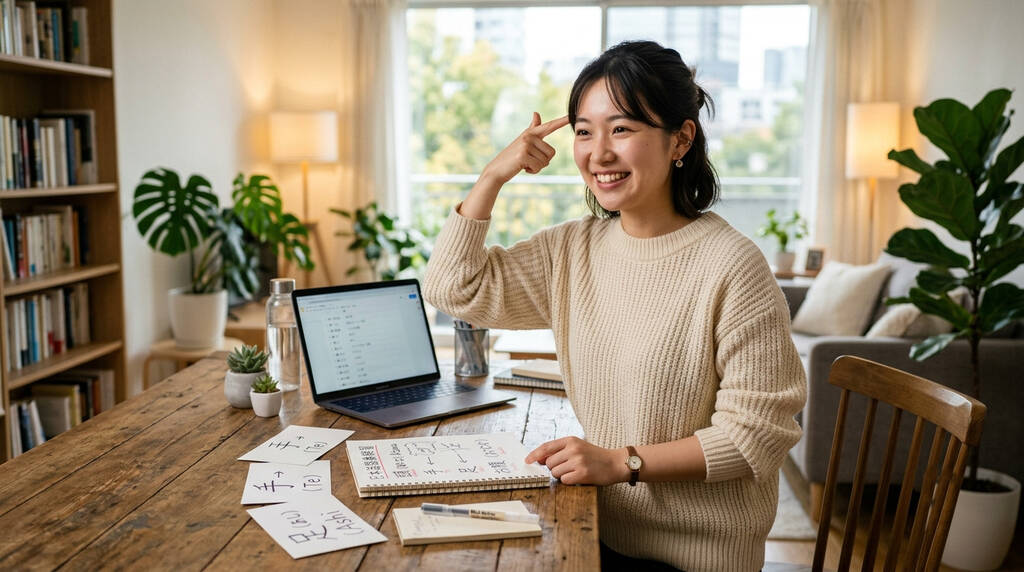 Mulher estudando partes do corpo em japonês.