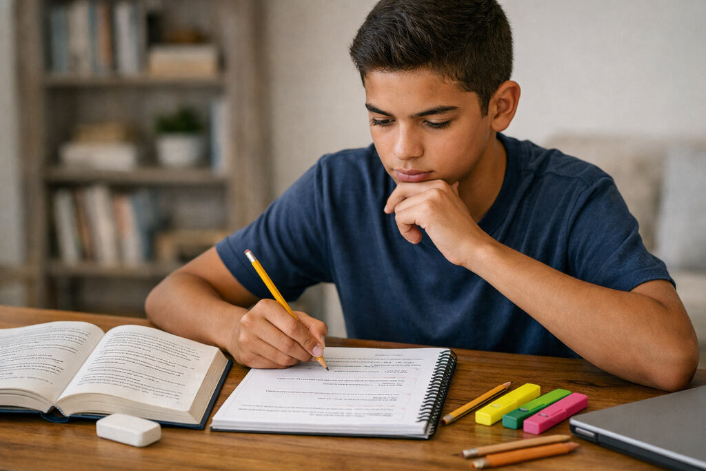 Adolescente confuso ao resolver exercícios de concordância verbal e nominal.
