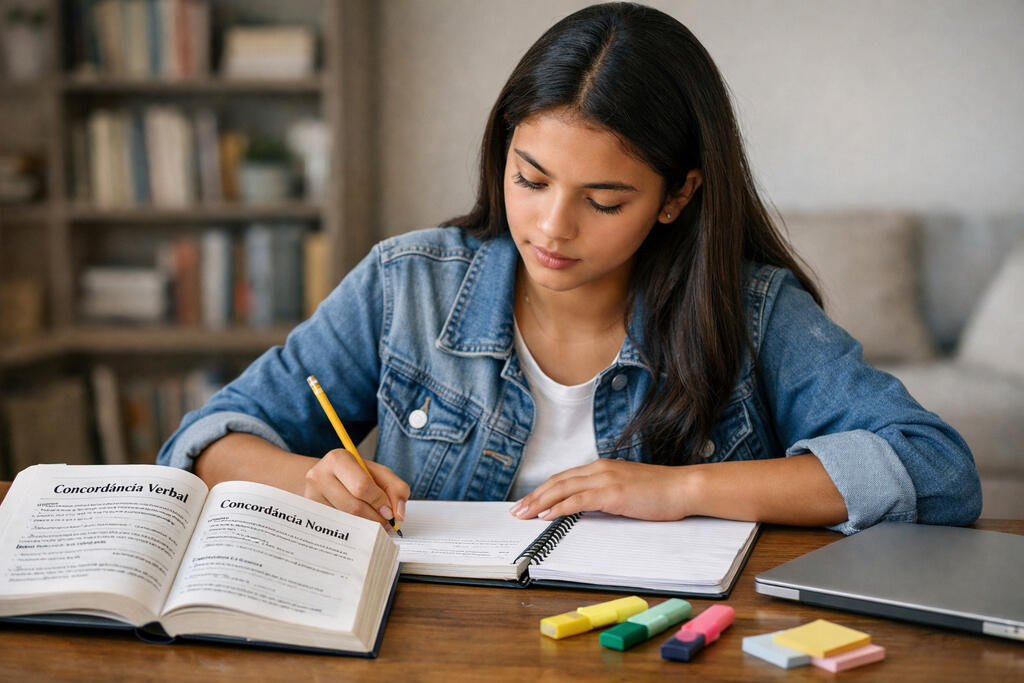Menina estudando o que é concordância verbal e nominal.