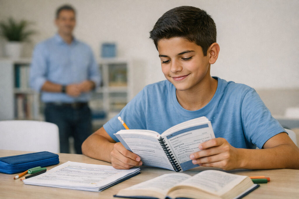Menino em sala de aula lendo exemplos de concordância verbal e nominal.