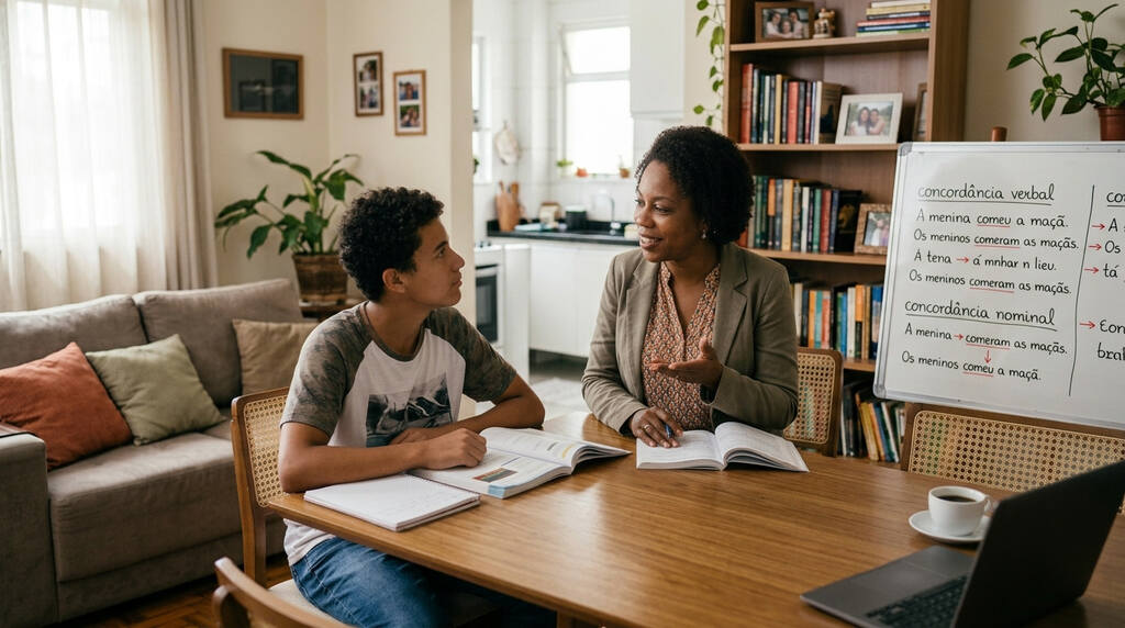 Duas pessoas estudando com questões de concordância verbal e nominal.
