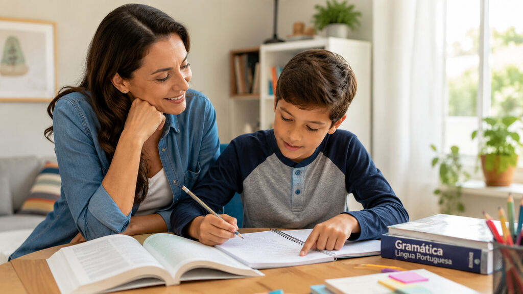Mãe e filho estudando os tipos de sujeito.