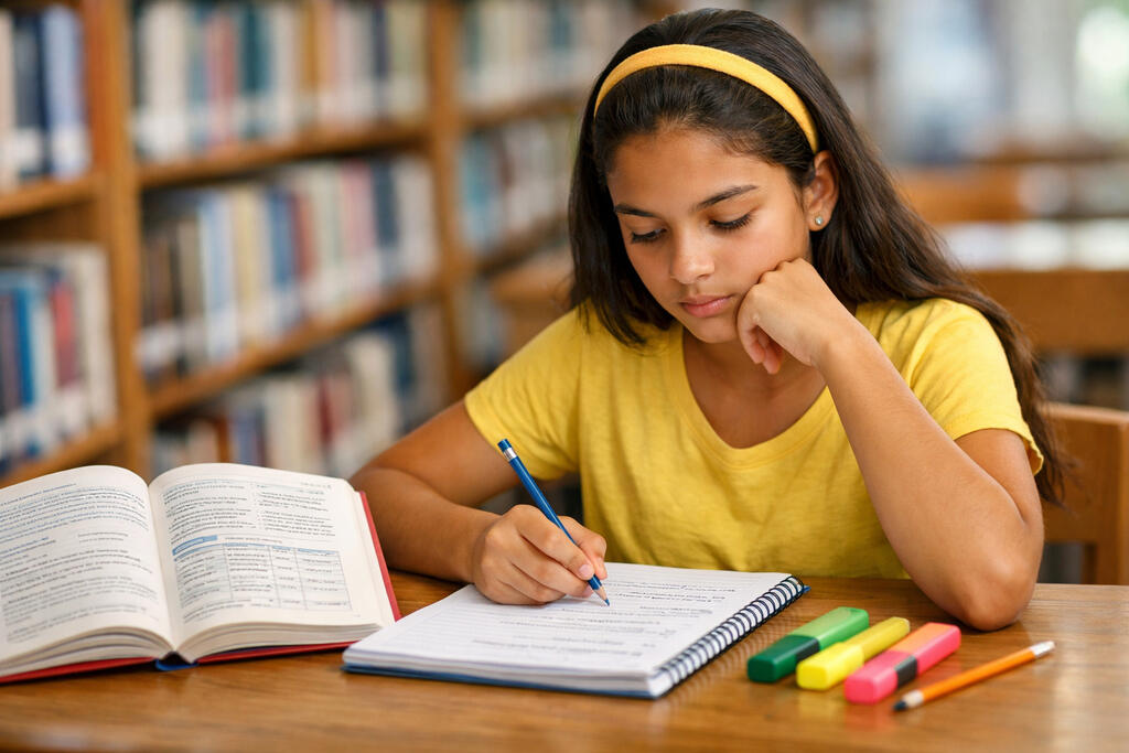 Menina em biblioteca, estudando e resolvendo exercícios sobre tipos de sujeito.