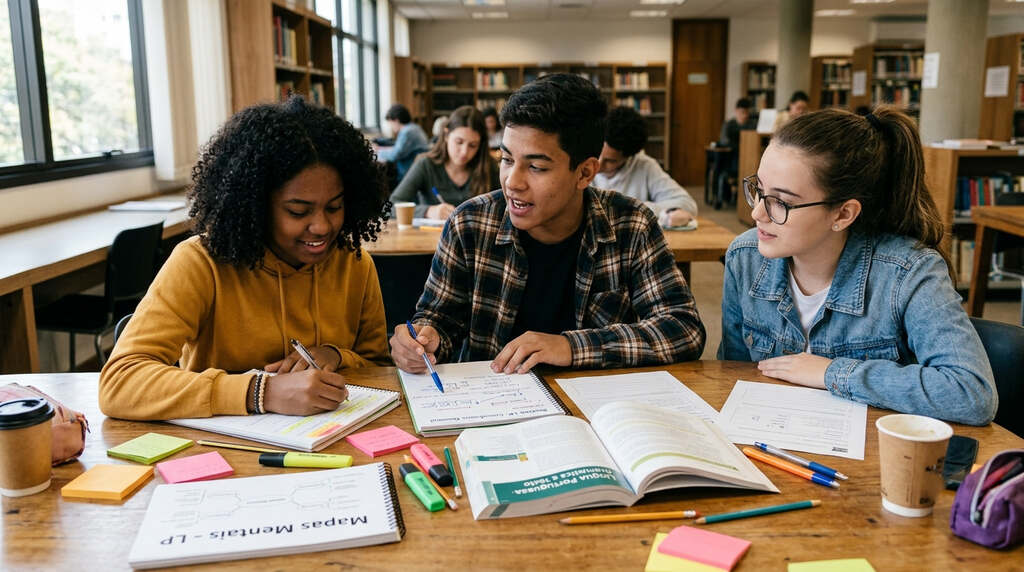 Três jovens em biblioteca, estudando quais são os tipos de sujeito.