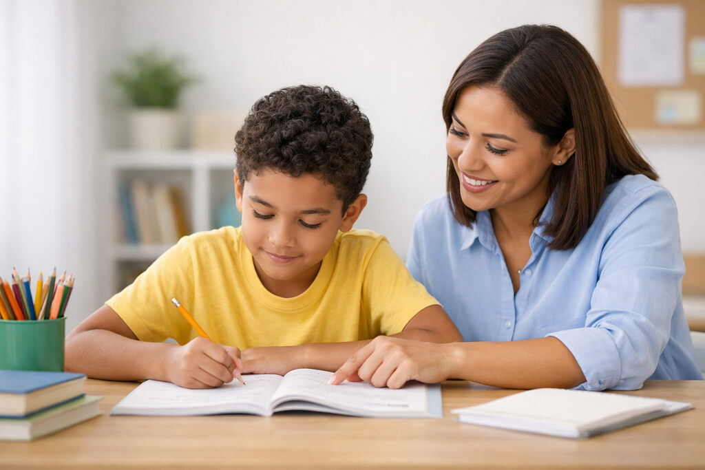 Mãe e filho vendo exemplos de tipos de sujeito.