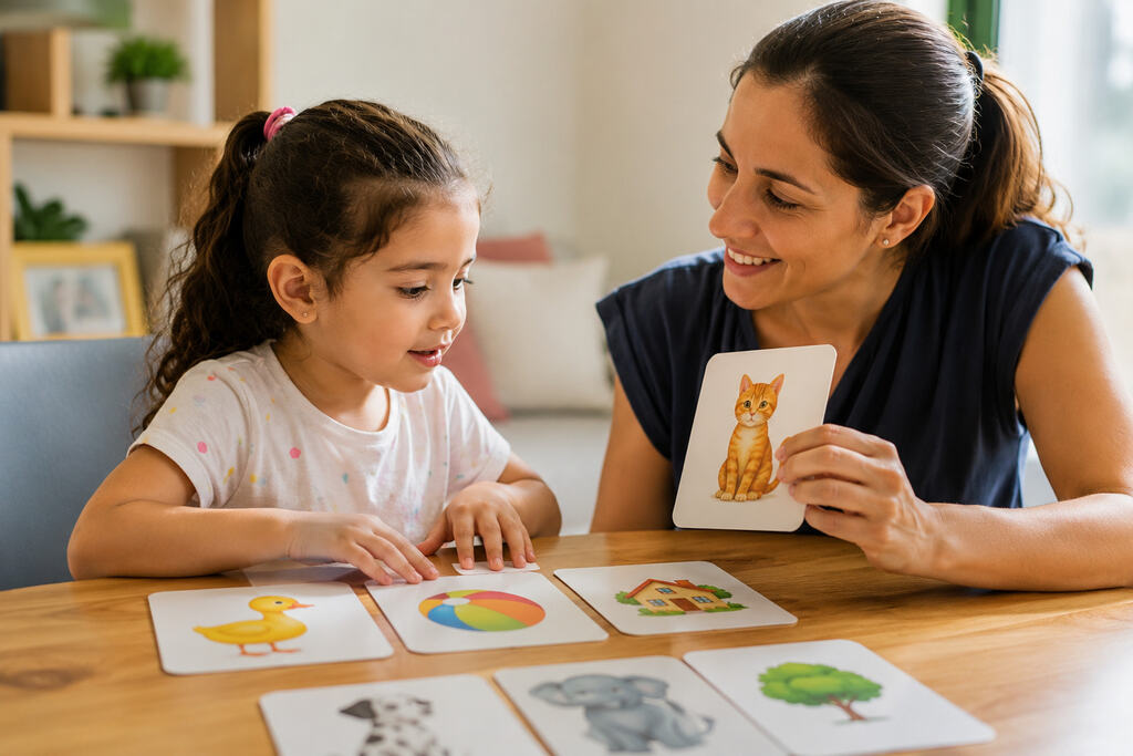 Menina e mulher trabalhando a consciência fonológica.
