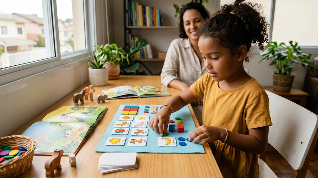 Criança brincando e realizando atividades de consciência fonológica, enquanto mãe assiste.