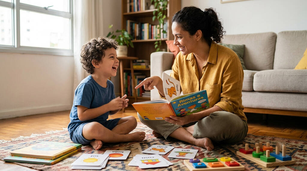 Mãe e filho em casa, rindo e aplicando a consciência fonológica na educação infantil.