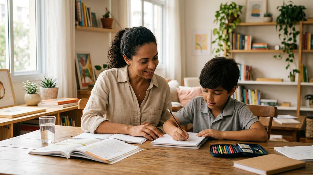 Mãe e filho estudando Kumon.
