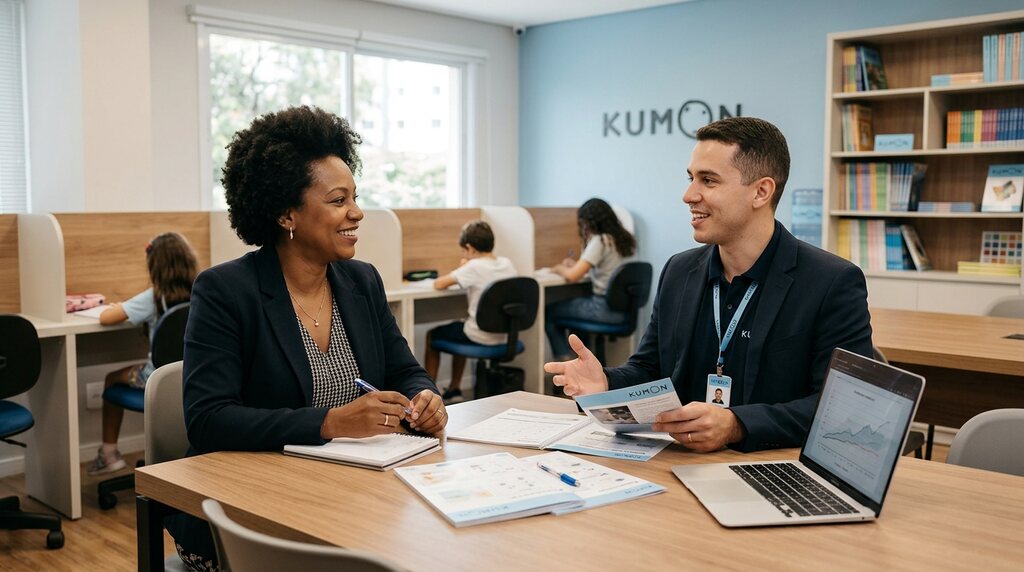 Homem e mulher em sala do Kumon, conversando sobre microfranquias no Brasil.
