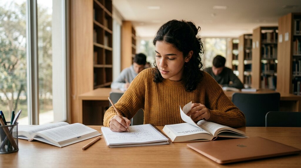 Estudante em biblioteca, aprendendo habilidades do profissional do futuro.