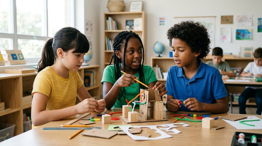 Três crianças aprendendo competências e habilidades do futuro.