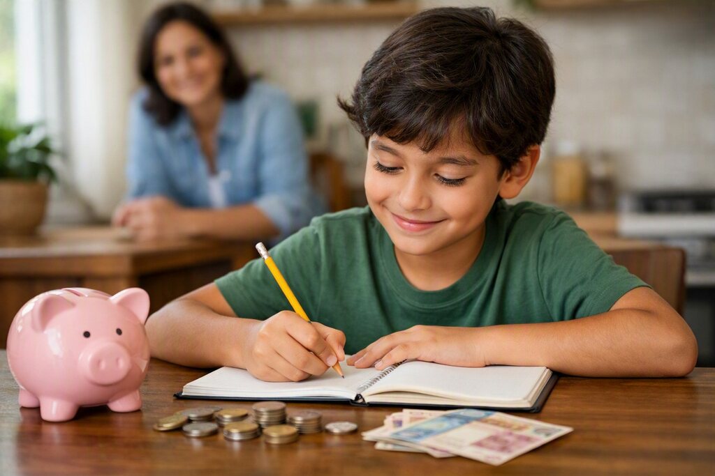 Menino aprendendo sobre educação financeira infantil com a ajuda da mãe
