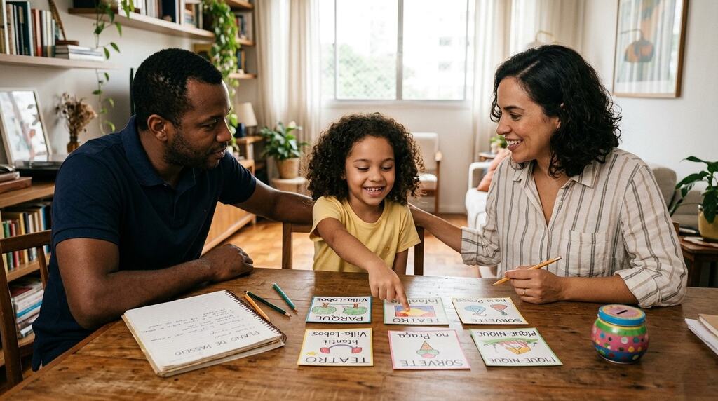 Casal ensinando filha sobre educação financeira infantil