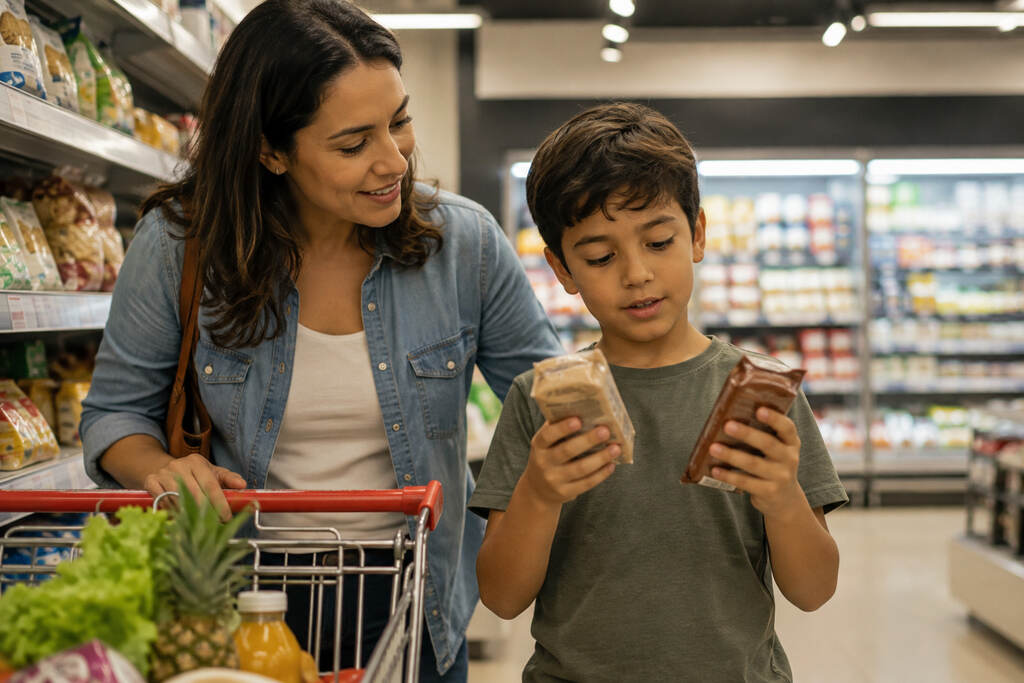 Mãe e filho no supermercado, aprendendo educação financeira infantil na prática.