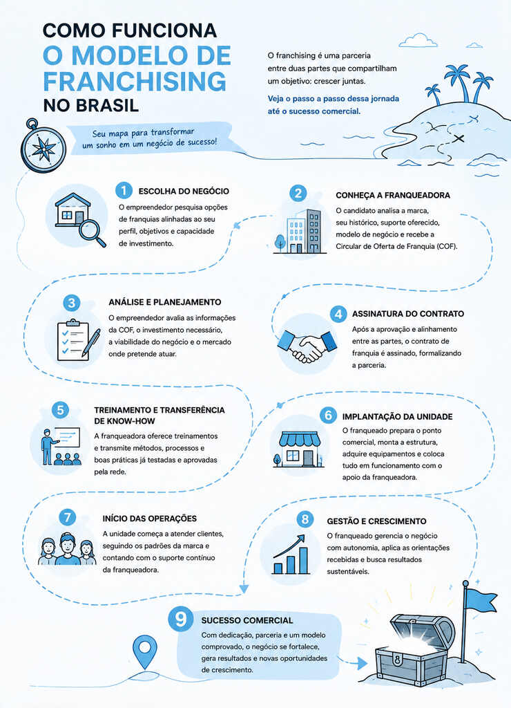 Infográfico mostrando como funciona o modelo de franquias no Brasil.