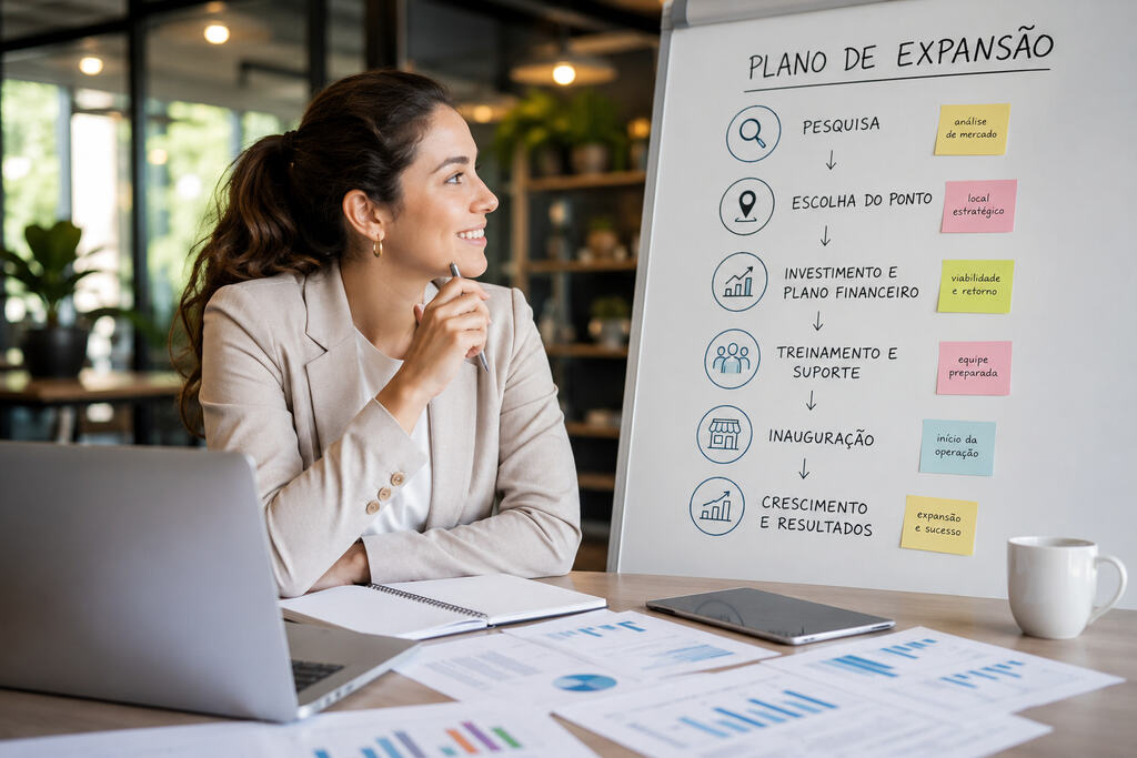 Empreendedora sorridente analisando plano de expansão para franquias no Brasil.