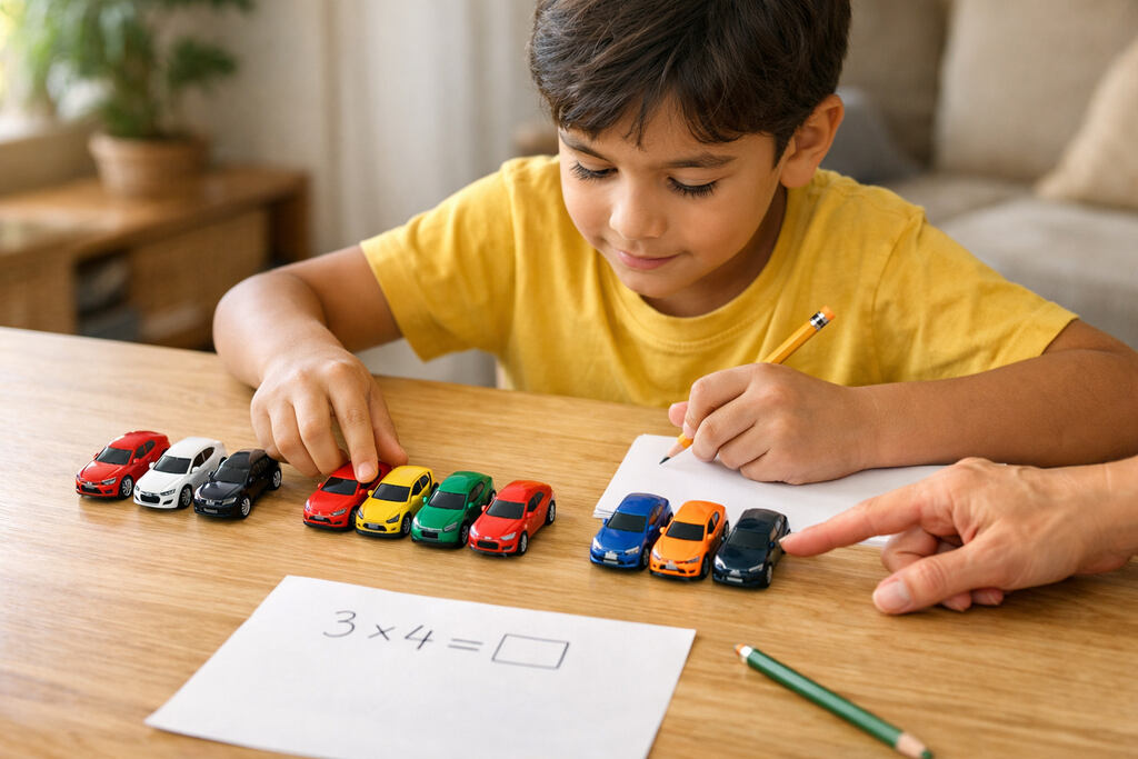 Criança aprendendo tabuada de forma divertida.