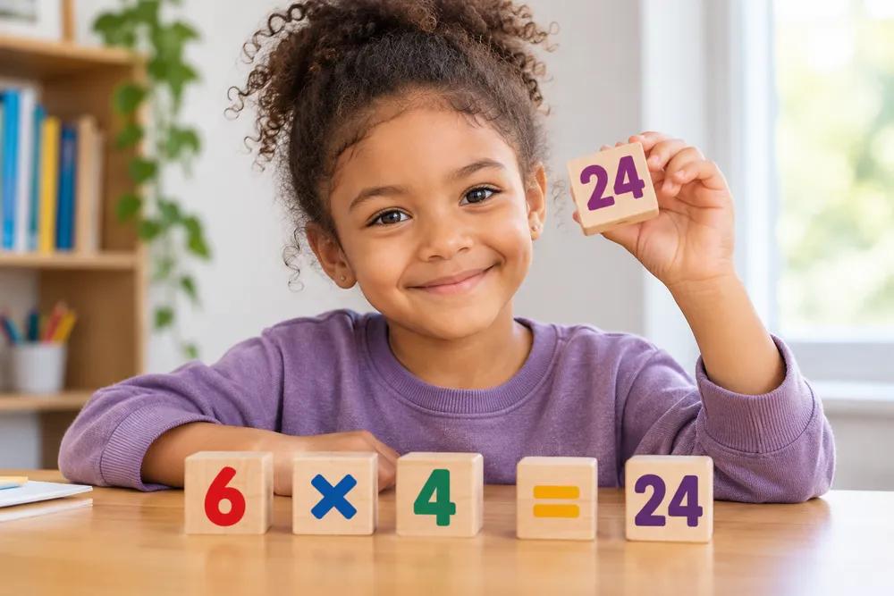 Menina aprende multiplicação com blocos numéricos em atividade de tabuada fácil.
