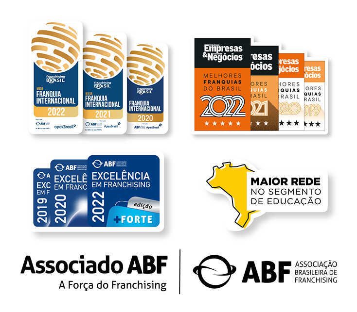 Selos das premiações ABF, franquia internacional, pegn e excelência em franchising